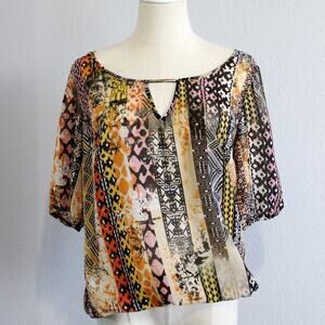 Unique Spectrum Tribal Patterned Rust Blouse Metal V-Neck Clasp Size M